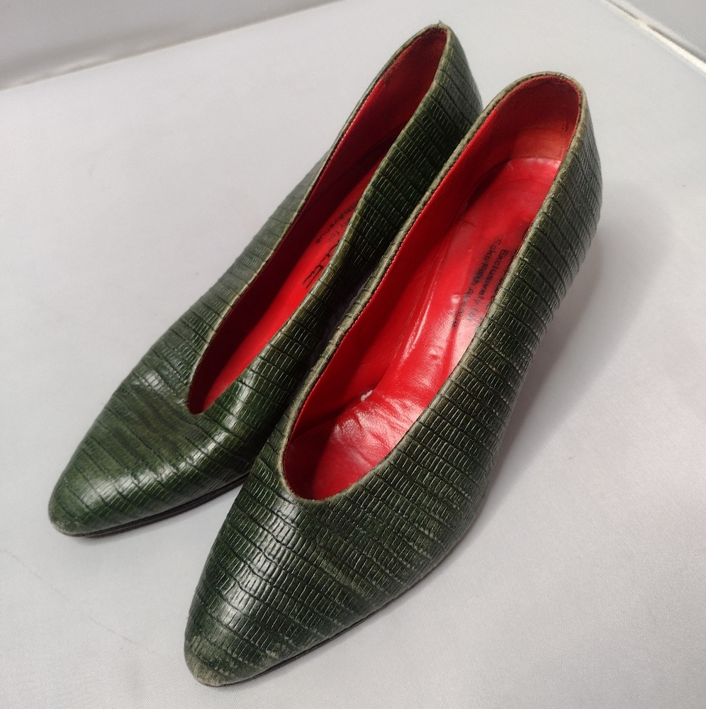 Oscar de la Renta High Heel Pumps Shoes Size 9B Green Reptile S1